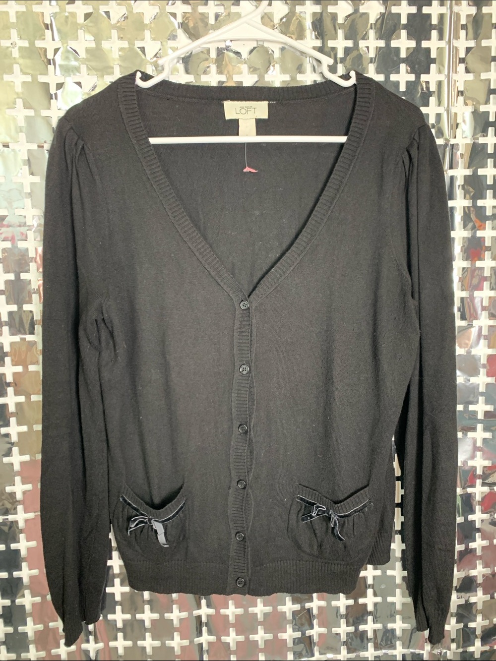 LOFT Black V-Neck Button-Front Cardigan with Pocket Bows